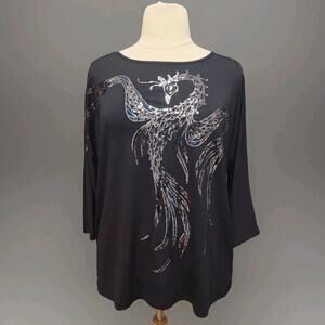 Bob Mackie Peacock Liquid Knit Top Size 1X Black 3/4 Sleeve